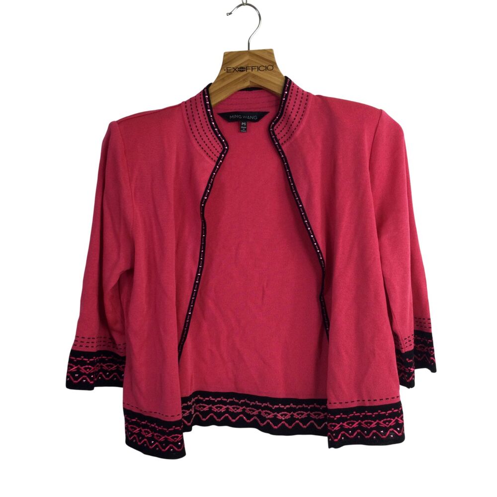 Ming Wang Womens Contrast-Trim Knit Cardigan Sweater Long Sleeve Pink Size PS